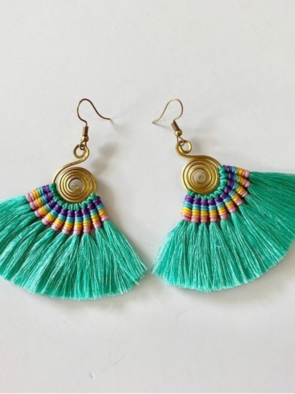 New🌟Free People-Boho Teal Tassel Fan Earrings with Gold Spiral